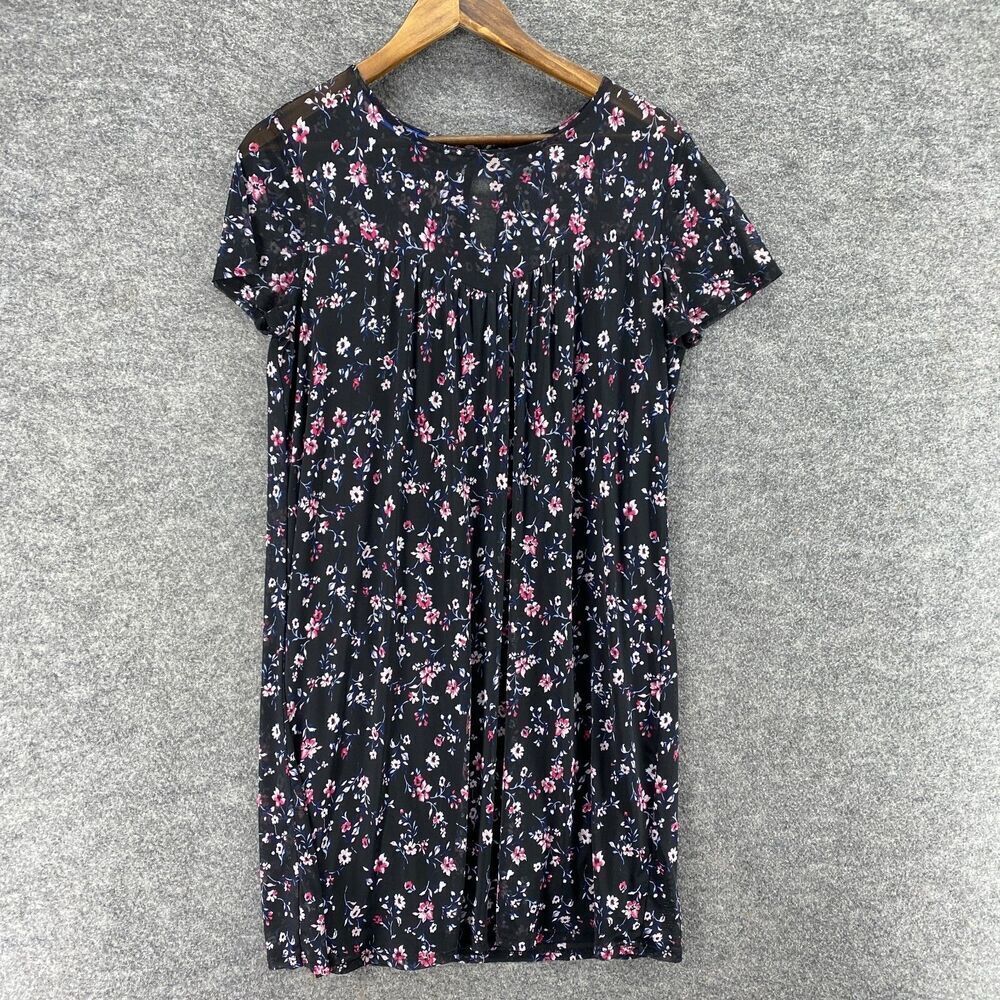 Apt. 9 Dress Women L Large Black Floral Shift Midi Lined Short Sleeve Casual